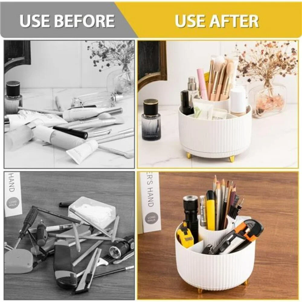 Rotating Makeup Organizer Brush Holder Desktop Cosmetic Storage Box White